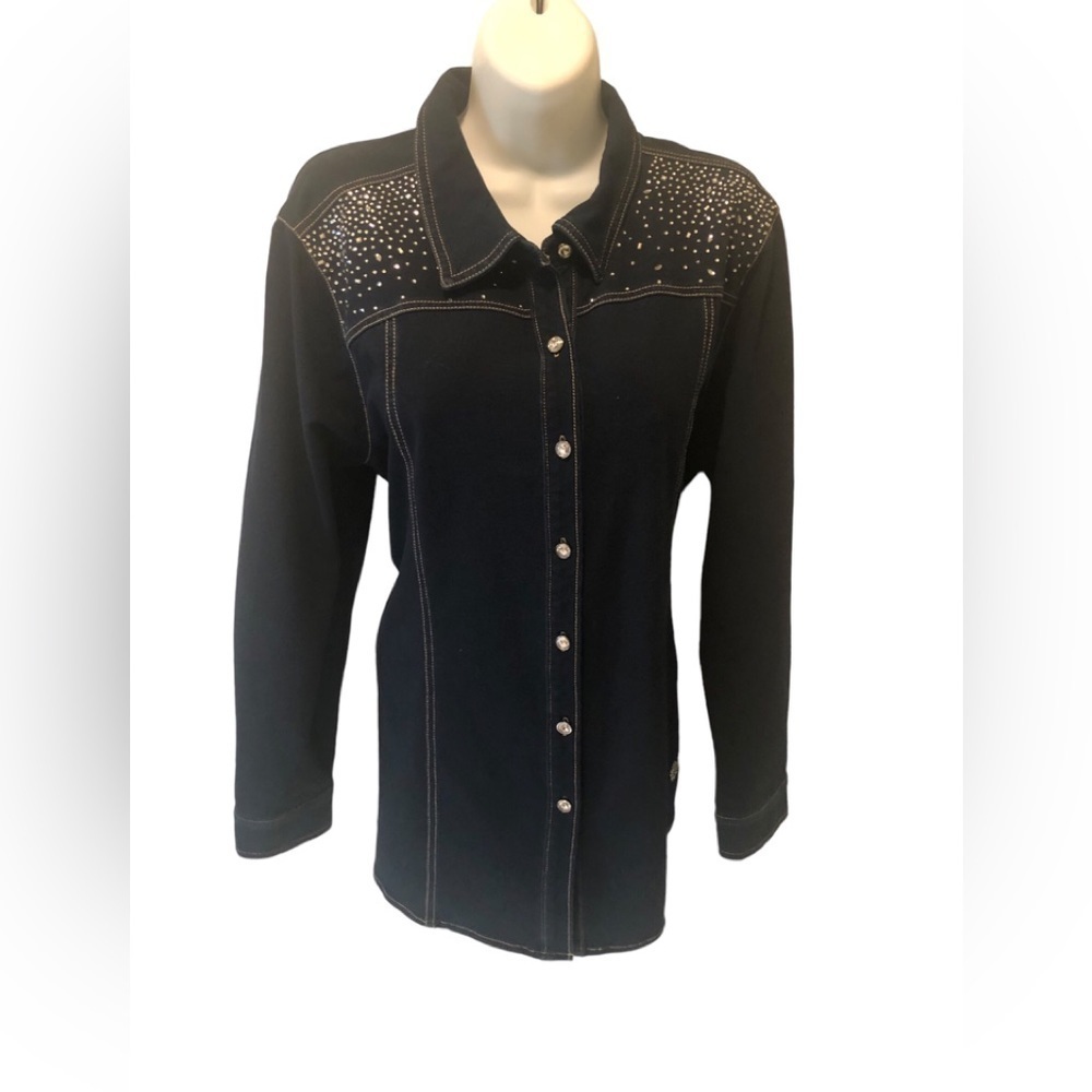 Dream Jeanne By Quacker Factory Button Up Embellished Top Blue Rhinestones Sz. L